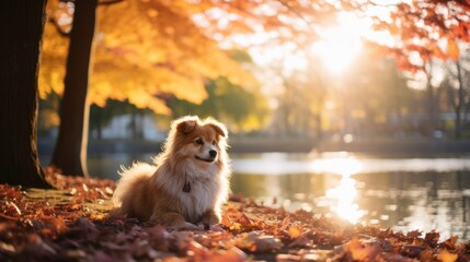 DOG in a park during the autumn seaason, red maple leaves and bokeh light, background of lake view in the morning.	