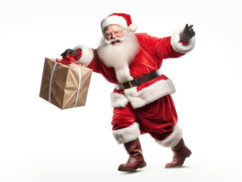 Isolated image of Santa with gift on white background. Winter holiday concept.