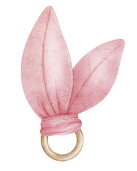 Wooden teether in the shape of ring. Eco friendly, zero waste toy for baby. Baby care. Watercolor illustration. Isolated. Design for kids goods, kid's shop, cards, baby shower, children's room and toy