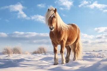 A horse stand in snow land in winter.