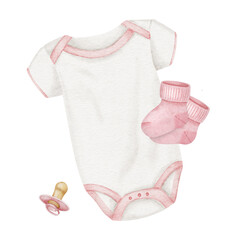 Clothes for newborn girl. Bodysuit, pink booties and Baby's dummy or soother . Watercolor illustration. Isolated. Clipart for kids goods, kid's shop, cards, baby shower, children's room and toy
