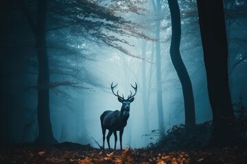 Male deer with antlers stand in blue dark misty forest.