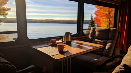 "Seasonal Escapes: Vibrant Autumn Travel Adventures" windows view from van,  lake and mountain in autumn, camping mood.