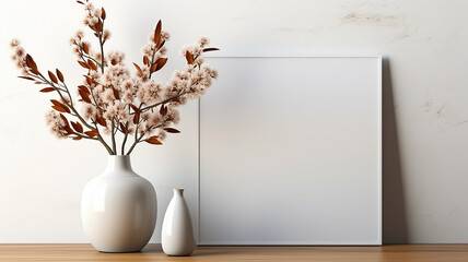 White vase with spring flowers on wooden table near white wall. 3d rendering