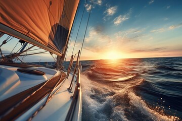 Close-up view of a sailing boat at sunset driving in blue sea.