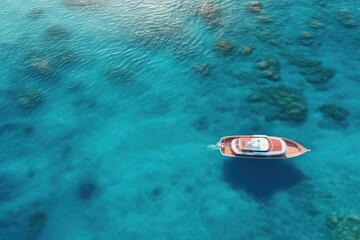 Aerial view of a yacht in clear sea water with beautiful light pattern on beach. Summer tropical vacation concept.