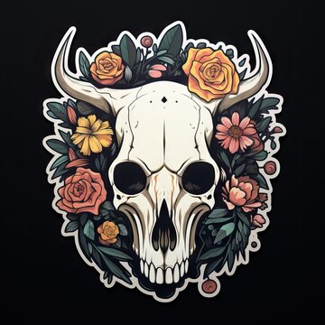 Buffalo skull with flowers. Mythic sticker illustration on black background. Psychedelic ethnic element. Mystical design for Halloween print, card, poster, decor