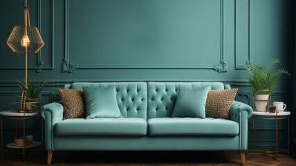 interior with classic blue sofa.  mock up