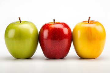 Three apples, red, green and yellow on a white background