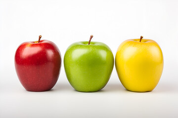 Three apples, red, green and yellow on a white background