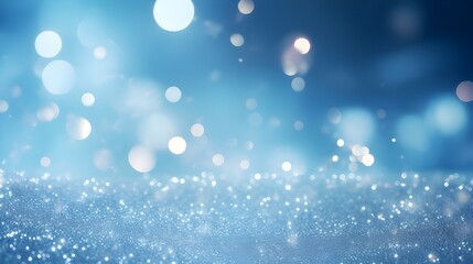 White, silver and blue shiny sparkles on the blue background. Festive backdrop with beautiful metallic confetti and soft bokeh.