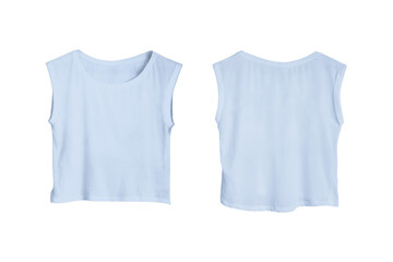 Blank Baby Blue Sleeveless Crop Top Template for Women, Isolated Object