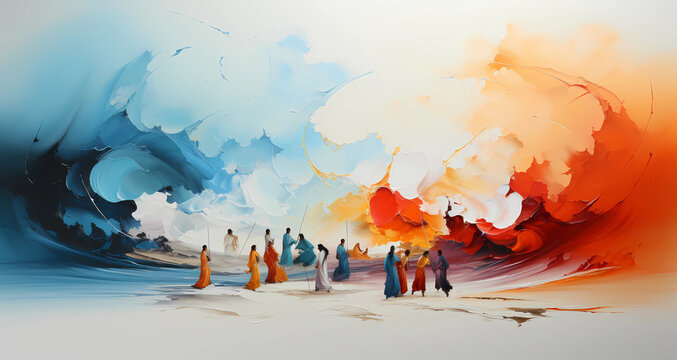 Abstract painting of people struck in between fire and water on a white canvas background