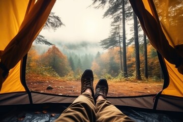 First person view from a tent in Autumn woods with beautiful Fall foliage colors. Autumn seasonal concept. - obrazy, fototapety, plakaty