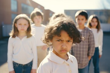 Fototapeta premium Multiethnic group of schoolchildren with their leader looking at camera with an angry and frustrated expression. Kids are upset and intending to stand up for their rights. Diversity and communication.