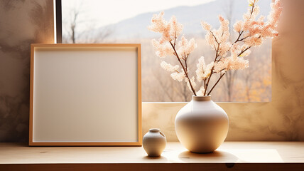 Vase with spring flowers on the windowsill and picture frame.