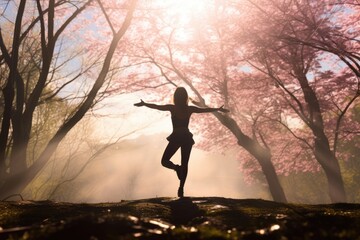 Athletic woman doing Yoga practice in beautiful blooming cherry blossom woods with pink petals in air and on ground in Spring. Spring seasonal concept.