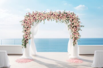 Obraz na płótnie Canvas Beautiful lovely ceremony decoration of a beach wedding with blue sea background. Summer tropical vacation concept.