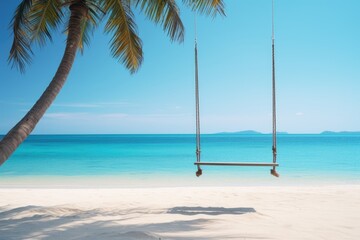 A lonely empty swing with palm tree at sand beach with blue sea. Summer tropical vacation concept.