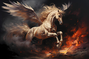 Abstract painting of Pegasus jumping away from fire
