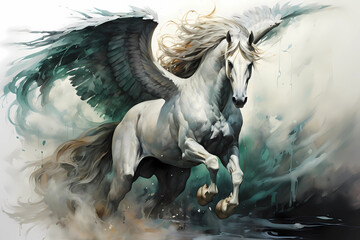 Abstract painting of  Pegasus flying away from a sea