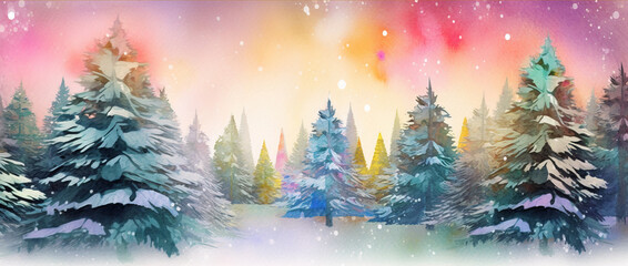 Watercolor colorful painting with a pine trees in a winter forest. Christmas greeting card. Generated Ai