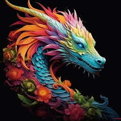bright multi-colored dragon decorated with flowers on a black background, symbol of the 2024 new year
