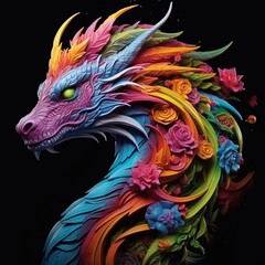 bright multi-colored dragon decorated with flowers on a black background, symbol of the 2024 new year
