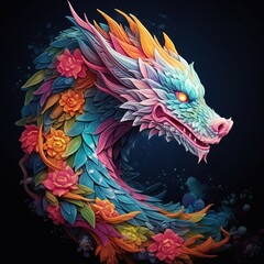 Fototapeta na wymiar bright multi-colored dragon decorated with flowers on a black background, symbol of the 2024 new year