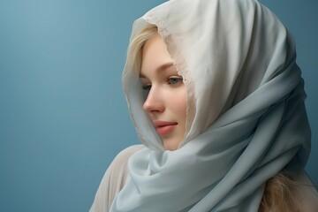 Fototapeta premium Western Woman wearing Hijab depicting Tourist from Foreign Western Countries Visiting Mosque Muslim Islamic Arabic Culture Concept Head Scarf Veils Women Beautiful Portrait