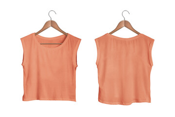 Women's Sunset Sleeveless Crop Top Front and Back View on Wooden Hanger