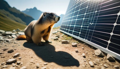 Marmot or Groundhog on groundhog day looking at its shadow on the ground, standing next to a solar...