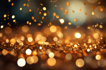 Sparkling Background with Bokeh made of Elegant Gold Christmas Lights in Peach Fuzz Color of the...