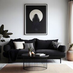 black sofa and black coffee table against white wall with art poster. Scandinavian boho home interior design of modern living room generative AI	