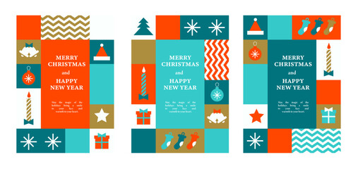 Merry Christmas modern card set elements greeting text lettering  vector