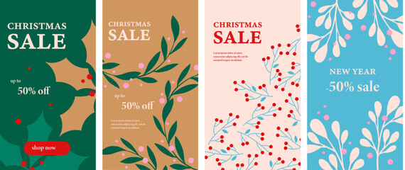 Merry Christmas and Happy New Year set of 4 social media story design templates. Xmas holiday poster set. Vector design of christmas elements for greeting card, cover, social media post, minimal