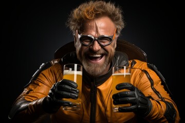 Comic portrait of a fat redhead bearded man in yellow superhero costume wearing eyeglasses with two glasses of beer. Funny smiling dude portrays the friendly Superman and proposing a toast. - obrazy, fototapety, plakaty
