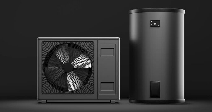 rotating fan of a heat pump energy as a heater and alternative energy with storage tank - 3D Animation 4k 60 fps DCI seamless loop 