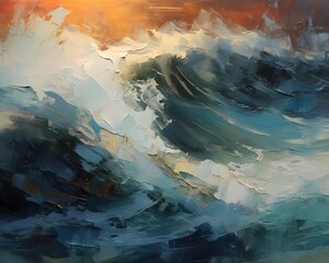 abstract background of the sea waves and sky at sunset, wide panorama