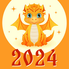 2024 postcard with a small orange dragon. New year mascot dragon with big blue eyes. Vector magical character