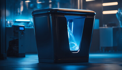 A futuristic trash bin with sleek metallic curves and a glowing blue light, overflowing with discarded technology and gadgets.. - obrazy, fototapety, plakaty