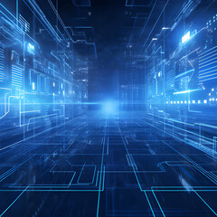 Beautiful Ai generated illustration of futuristic technology cyberspace. Information network of data center. Abstarct background blue wallpaper