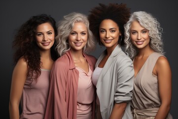 Fototapeta premium Half-length portrait of four cheerful young diverse multiethnic women. Female friends smiling at camera while posing together. Diversity, beauty, friendship concept. Isolated over grey background.