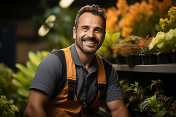 Naklejka na ściany i meble Happy Man Florist Entrepreneur in Greenhouse, Horticulture Occupation