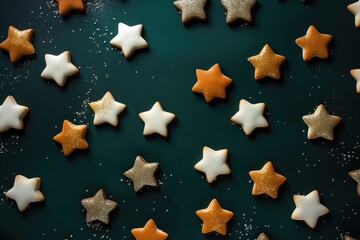 Many gingerbread cookies on dark green background. Traditional german xmas cinnamon stars with icing decoration. Christmas greeting card. Holiday baking concept. Top view flat lay