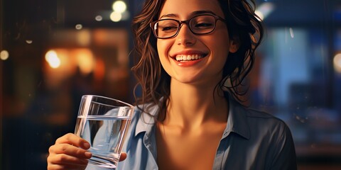 A happy young adult brunette with glasses smiling while holding a glass of water against the blurred lights of an urban evening.