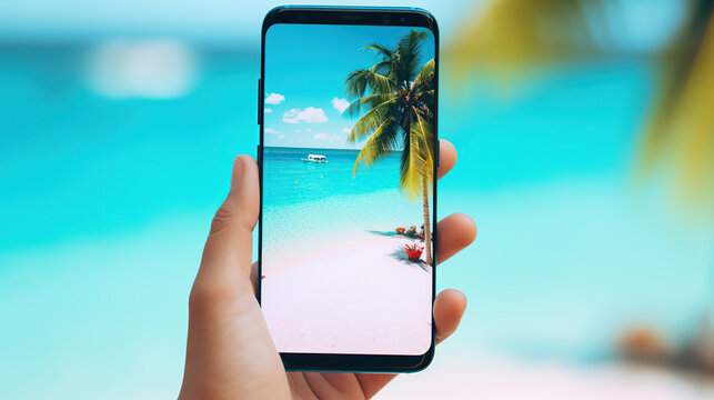 tropical paradise beach with smartphone 