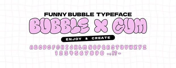 Bubble abstract shapes alphabet font. Funky balloon organic typeface in trendy retro y2k style. Cartoon kids graffiti vector illustration. Letters and numbers.