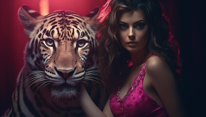 A young Caucasian woman with medium-length brunette hair in a pink satin dress poses next to a tiger, conveying a strong and confident demeanor against a dark background.