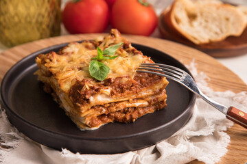 Bolognese tomato sauce traditional lasagna italian food served in a plate